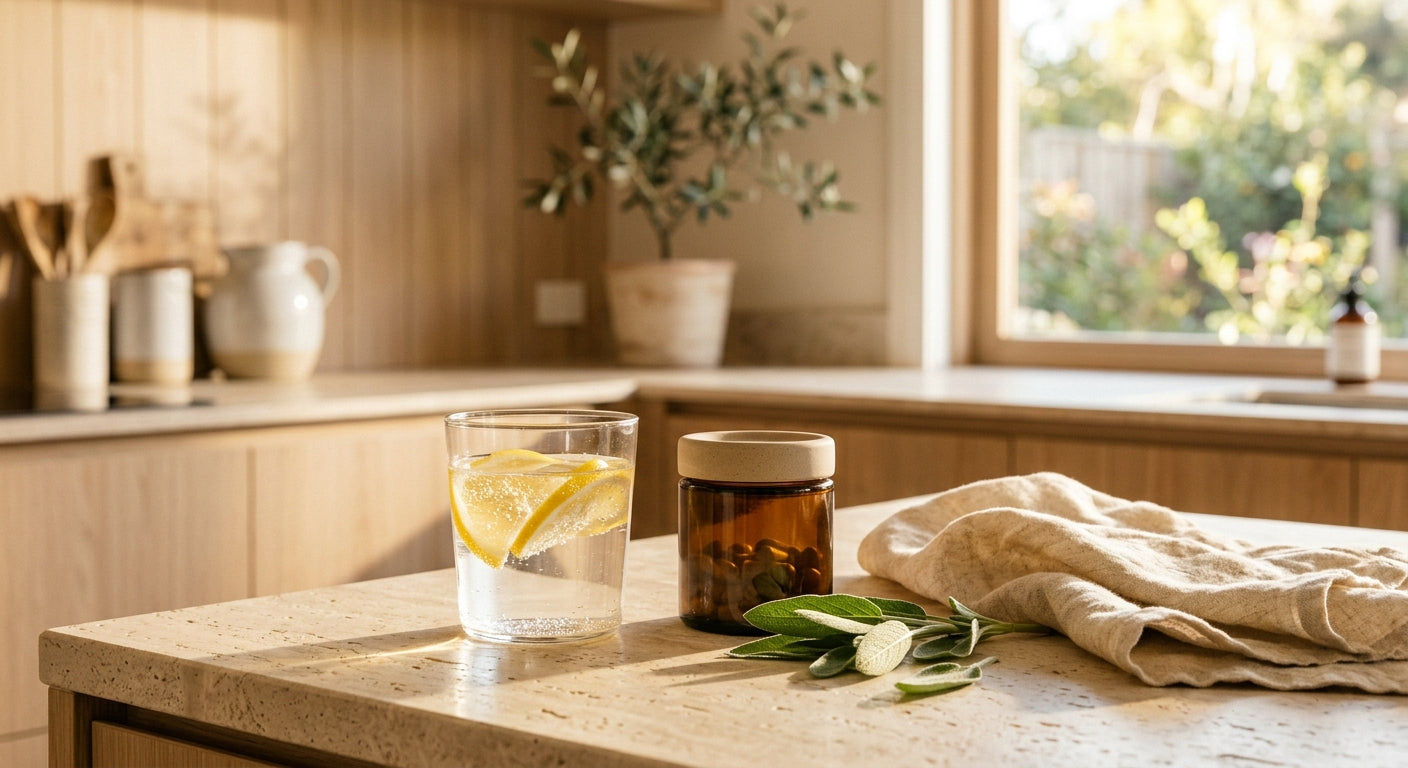 A sunlit kitchen counter in the morning: a glass of water with lemon, a small amber jar, sage leaves and a folded linen cloth.