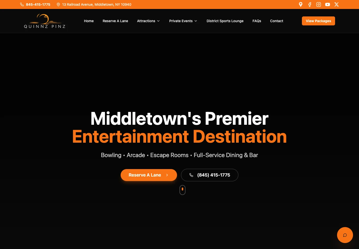 Omni Quinnz Pinz homepage with simplified navigation, attraction messaging and a Reserve A Lane action