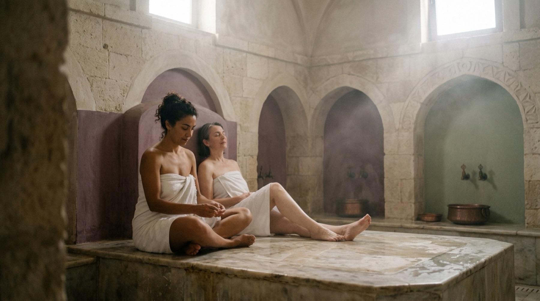 Women seated on a heated marble platform in a hammam